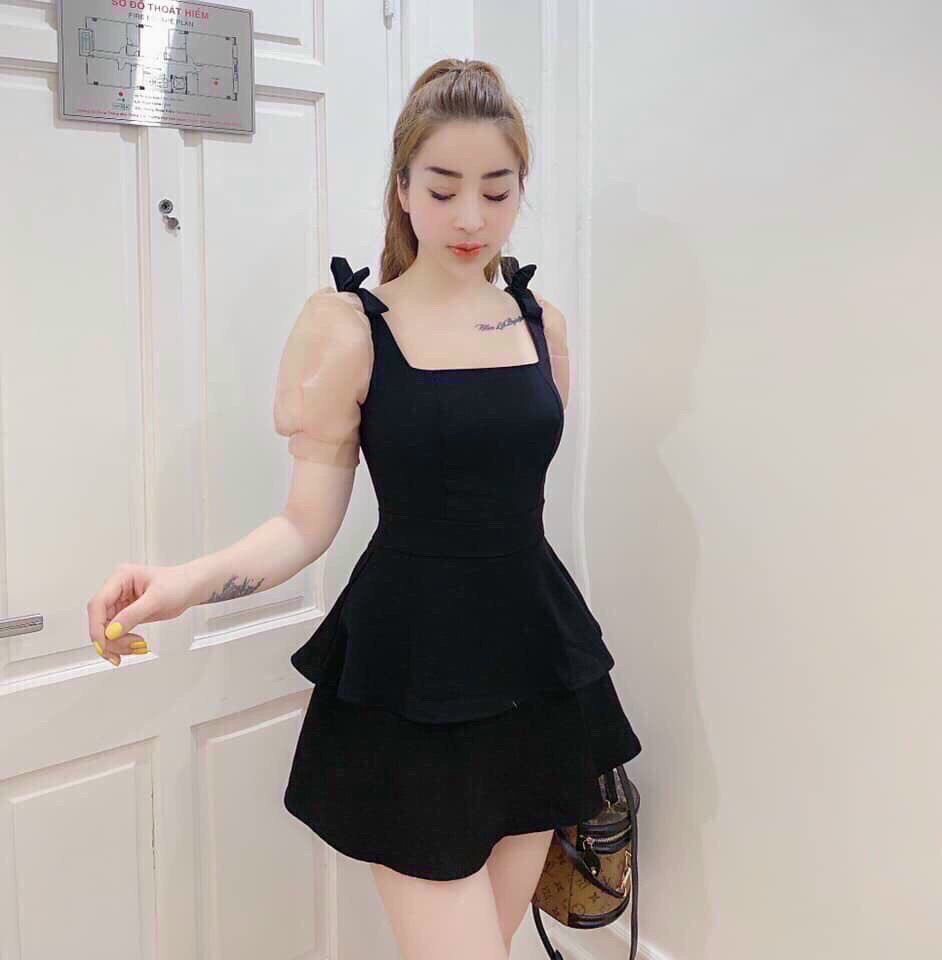 đầm  xoè  2 tầng  tay  phồng  tiểu  thư  siêu  hot