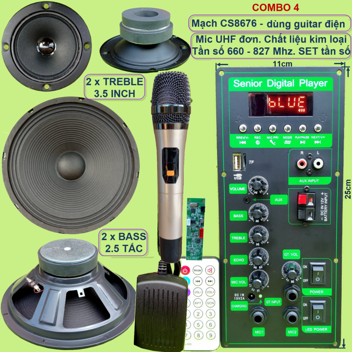 Mạch loa kéo 2.5 tấc đôi CS8676 60W – 120W kèm Micro đơn hoặc Micro đôi – Bluetooth Karaoke Guitar điện