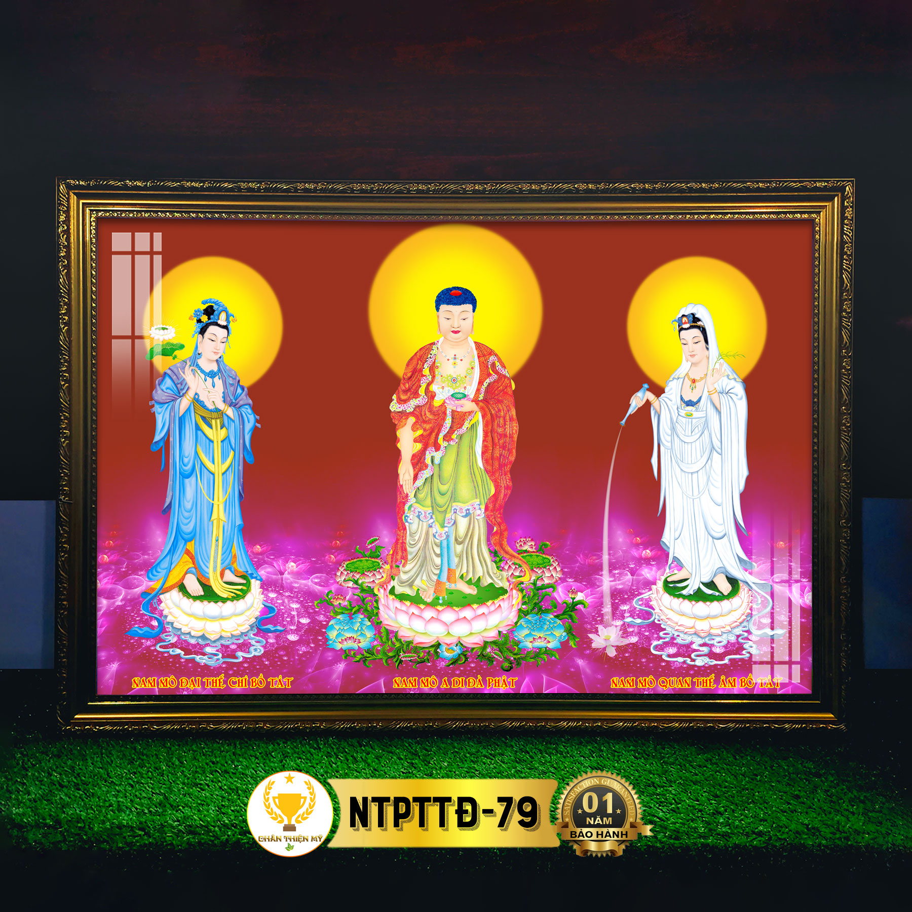 Tranh thờ tam thánh phật có đèn chân thiện mỹ, trang trí bàn thờ treo tường cùng tượng phật cntpttđ-04