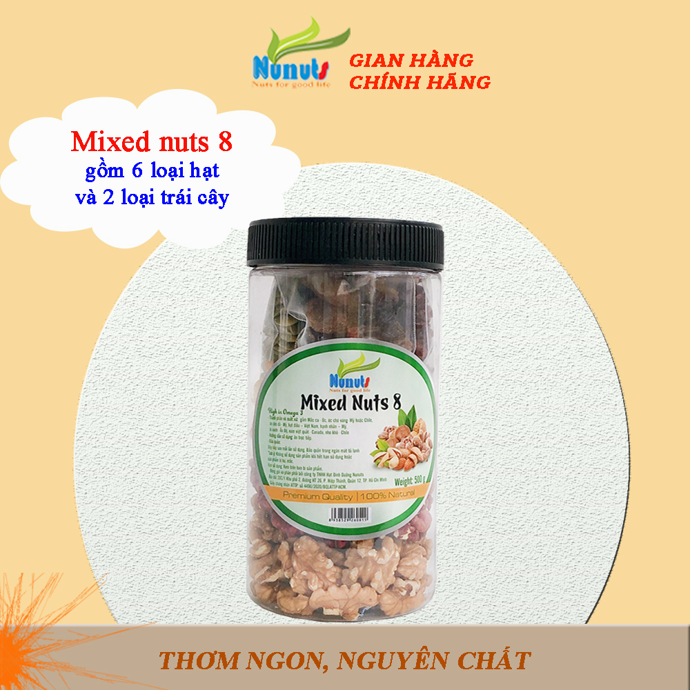 Mixed nuts 8 loại hạt và trái cây (hạt mắc ca, hạt óc chó đỏ, hạt óc chó vàng, hạt hạnh nhân, hạt bí xanh, hạt điều, nho khô, nam việt quất). Đã tách vỏ, ăn liền