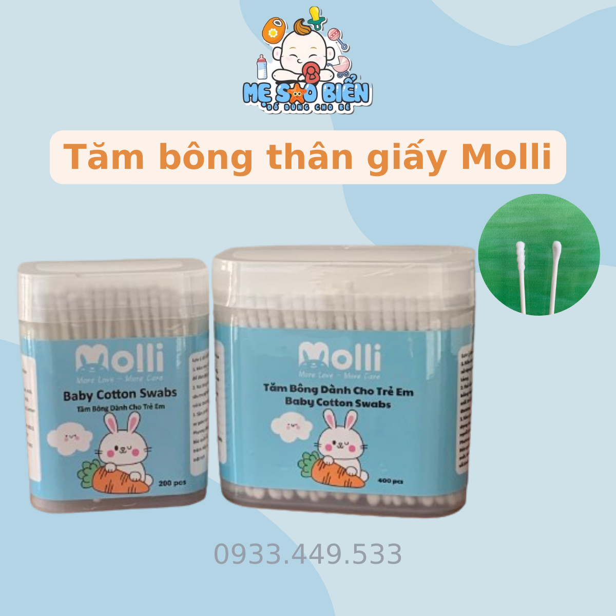 Tăm bông đa năng thân giấy Molli cho bé (Hộp 200/ 400 que)