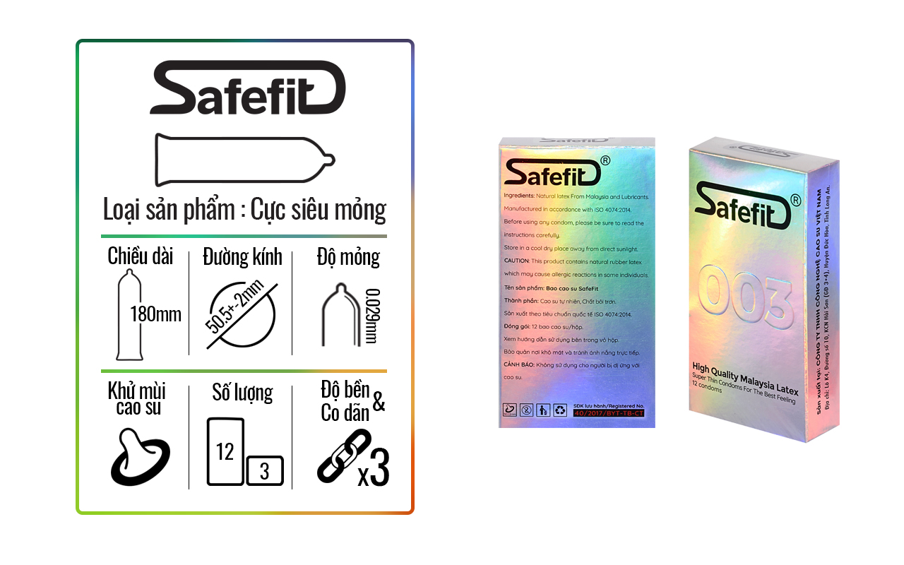 Bao cao su cực siêu mỏng Safefit 0.029mm - 03 chiếc