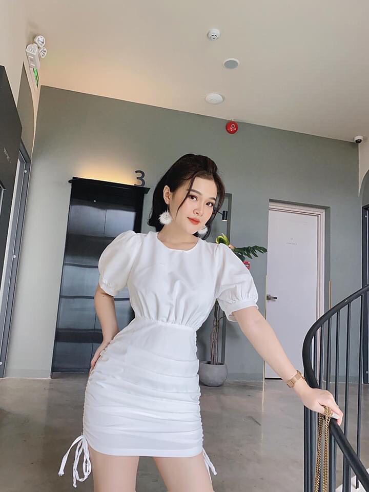 Đầm body rút dây hai bên eo tay phồng