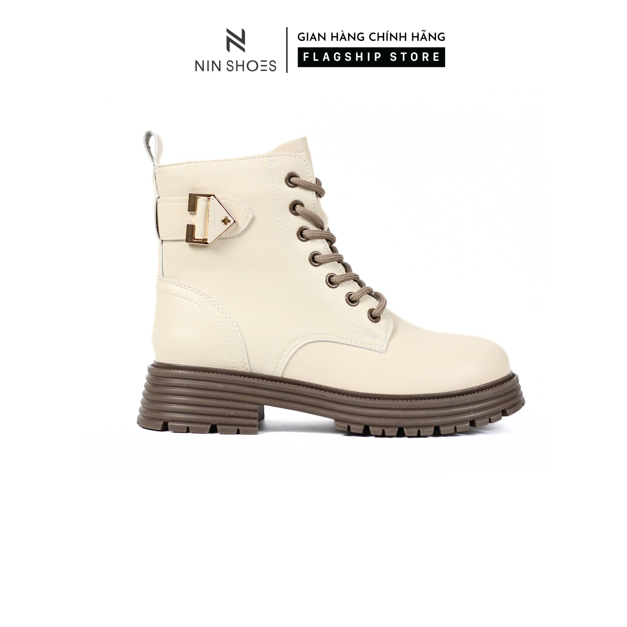 Giày boots nữ chiến binh đế bằng răng cưa 4pcó khóa kéo sau thời trang ninshoes bom45