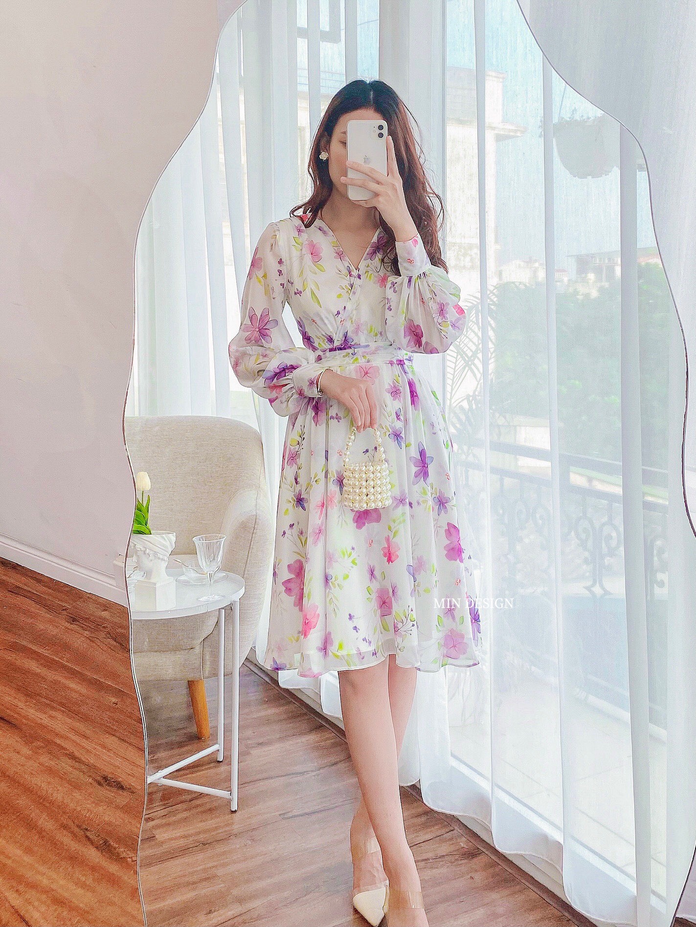 Váy cổ tim hoa tím xòe Min Design