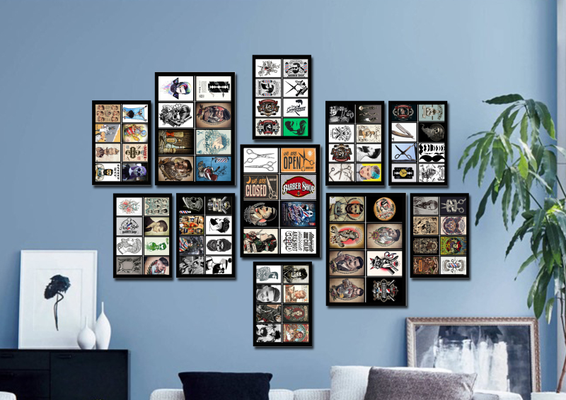 Bộ tranh stiker treo tường tiệm cắt tóc nam 11 tấm
