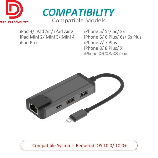 Cáp Lightning OTG to Lan, Hub USB dùng cho iPhone, iPad
