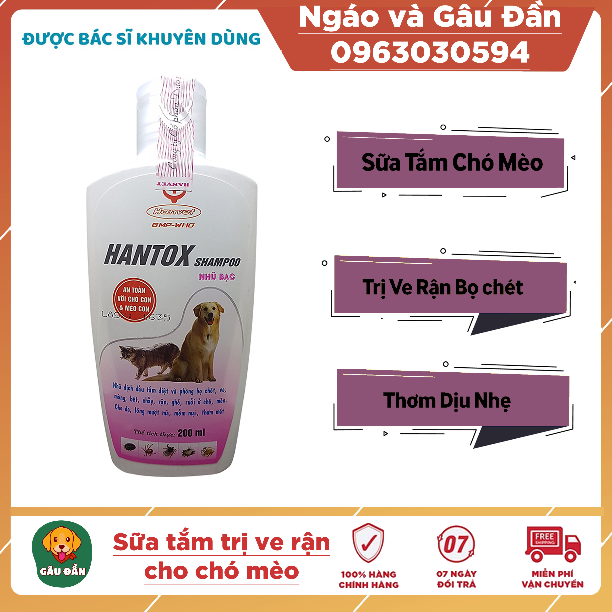 Sữa Tắm Trị Ve Rận Bọ Chét Cho Chó Mèo Hantox Shampoo Hồng 200ml
