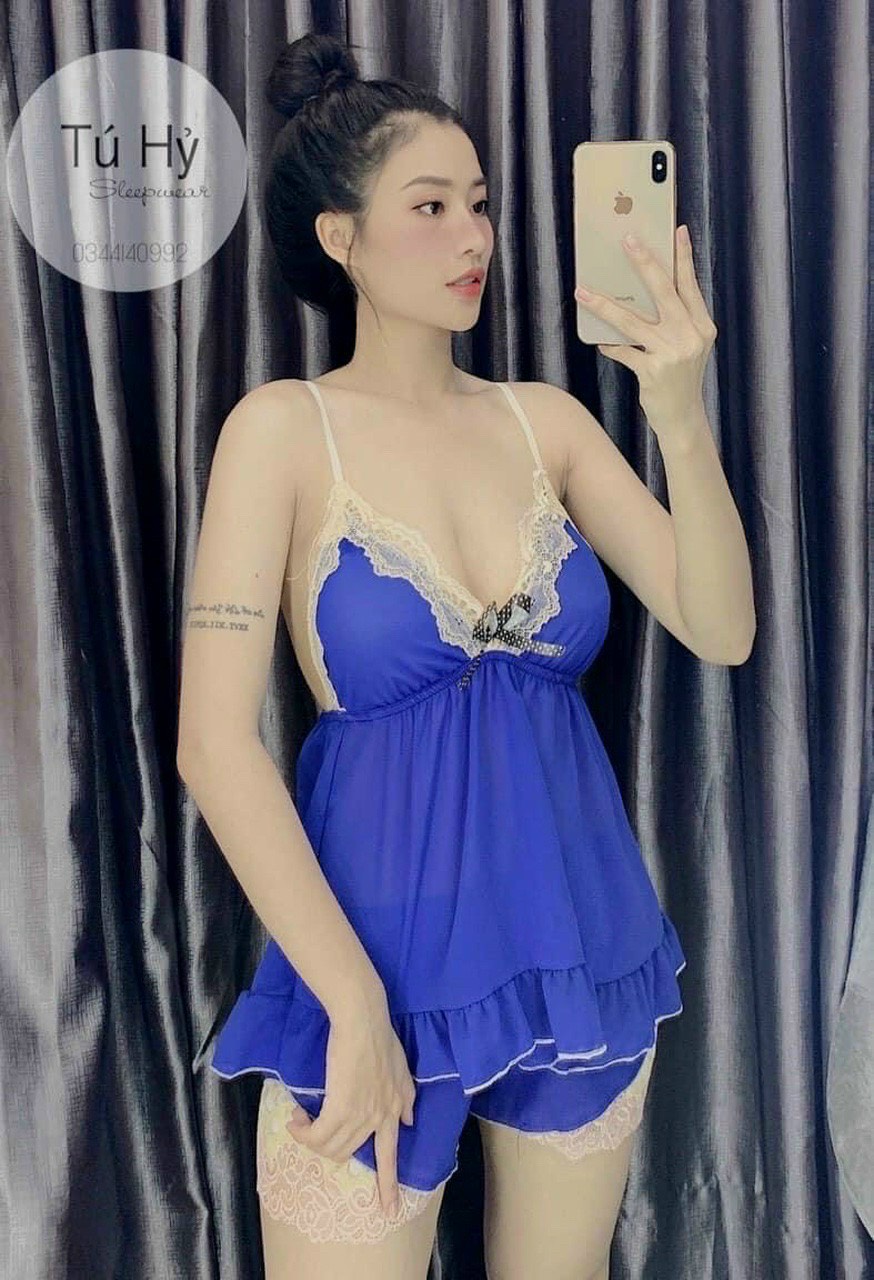 SÉT BỘ NGỦ VOAN LỤA SEXY PHỐI REN - CÓ MÚT NGỰC