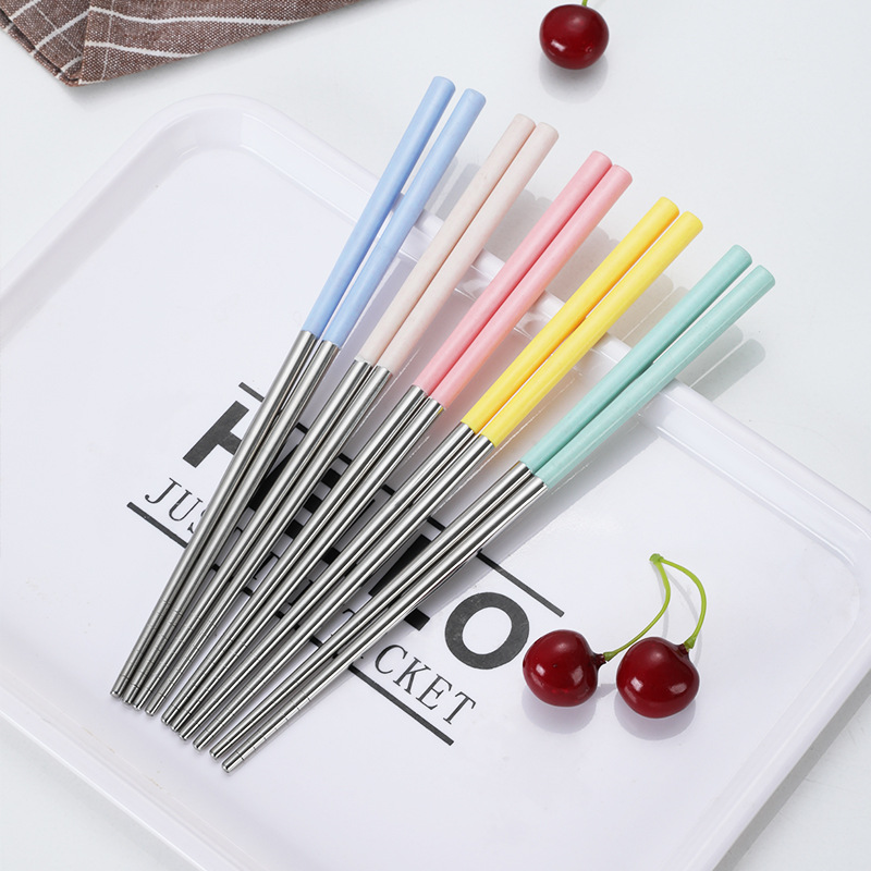 [ Bộ 5 đôi ] Đũa Inox 304 bọc nhựa lúa mạch chống trượt