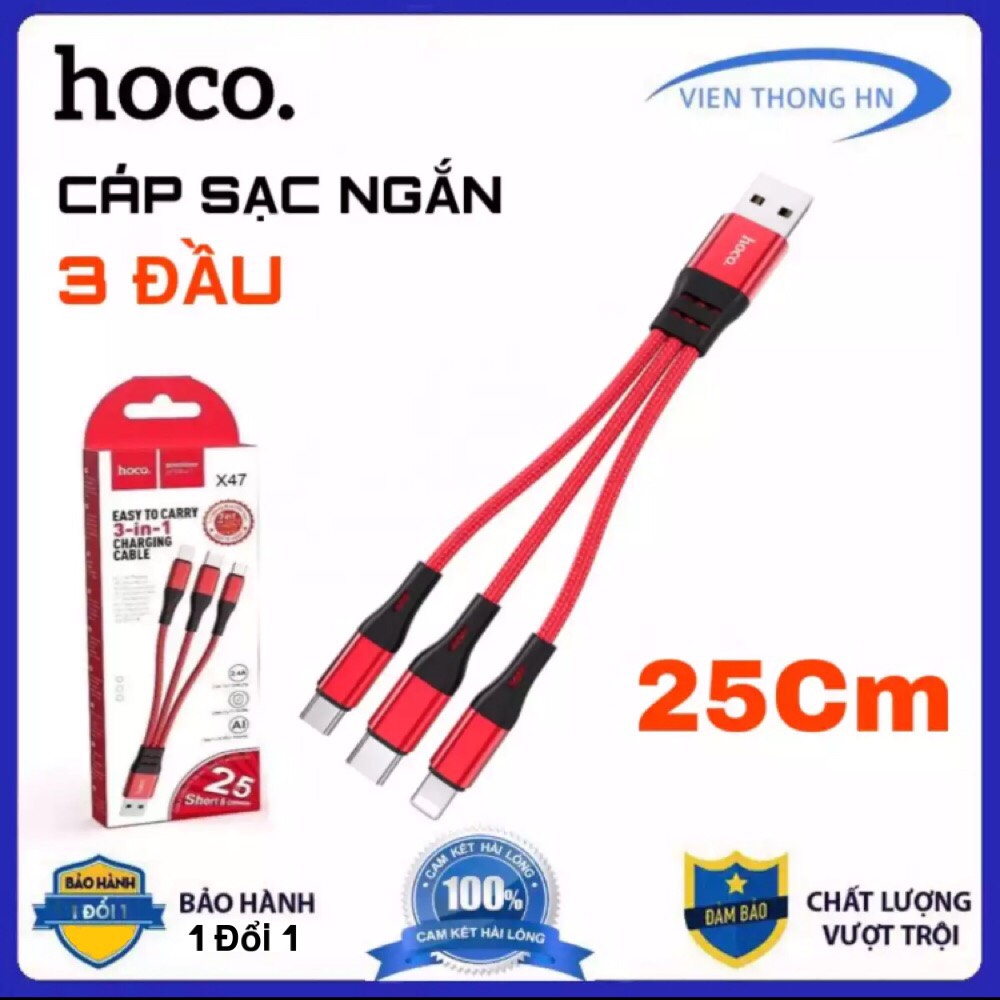 Cáp sạc 3 đầu dây ngắn 25cm hoco x48 - dây sạc bọc dù 3 in 1 micro usb lightning type c cho IP samsung ..vv