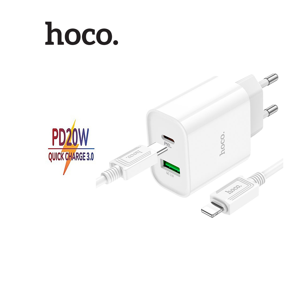 Bộ sạc nhanh hoco c80a plus pd 20w 2 cổng kèm cáp type-c to lightning dài 1m dùng cho iphone