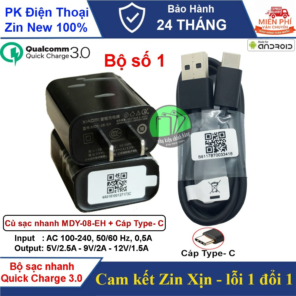 Củ sạc và Cáp sạc nhanh Xiaomi (Quick Charge 3.0) MDY-08-EH, MDY-08-EF Chuẩn Zin-BH 12 Tháng