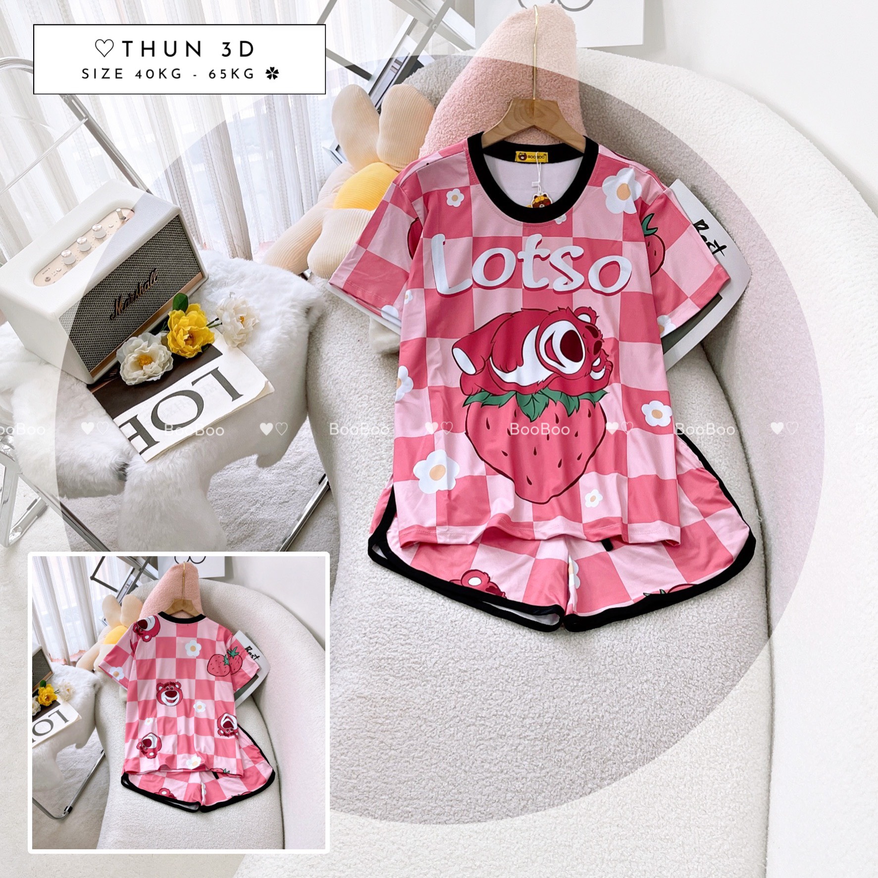 Đồ Bộ Pijama Thun Lạnh 3D Cao Cấp Tay Ngắn Quần Đùi Họa Tiết Hoạt Hình Dễ Thương - FREESIZE  65KG