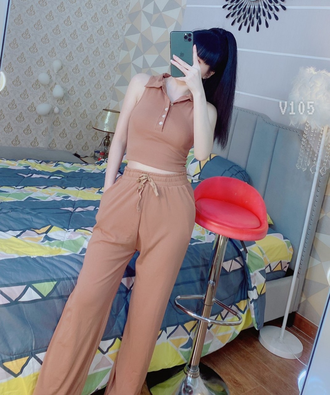 Sét áo croptop cổ sơ mi quần ống rộng-ZU