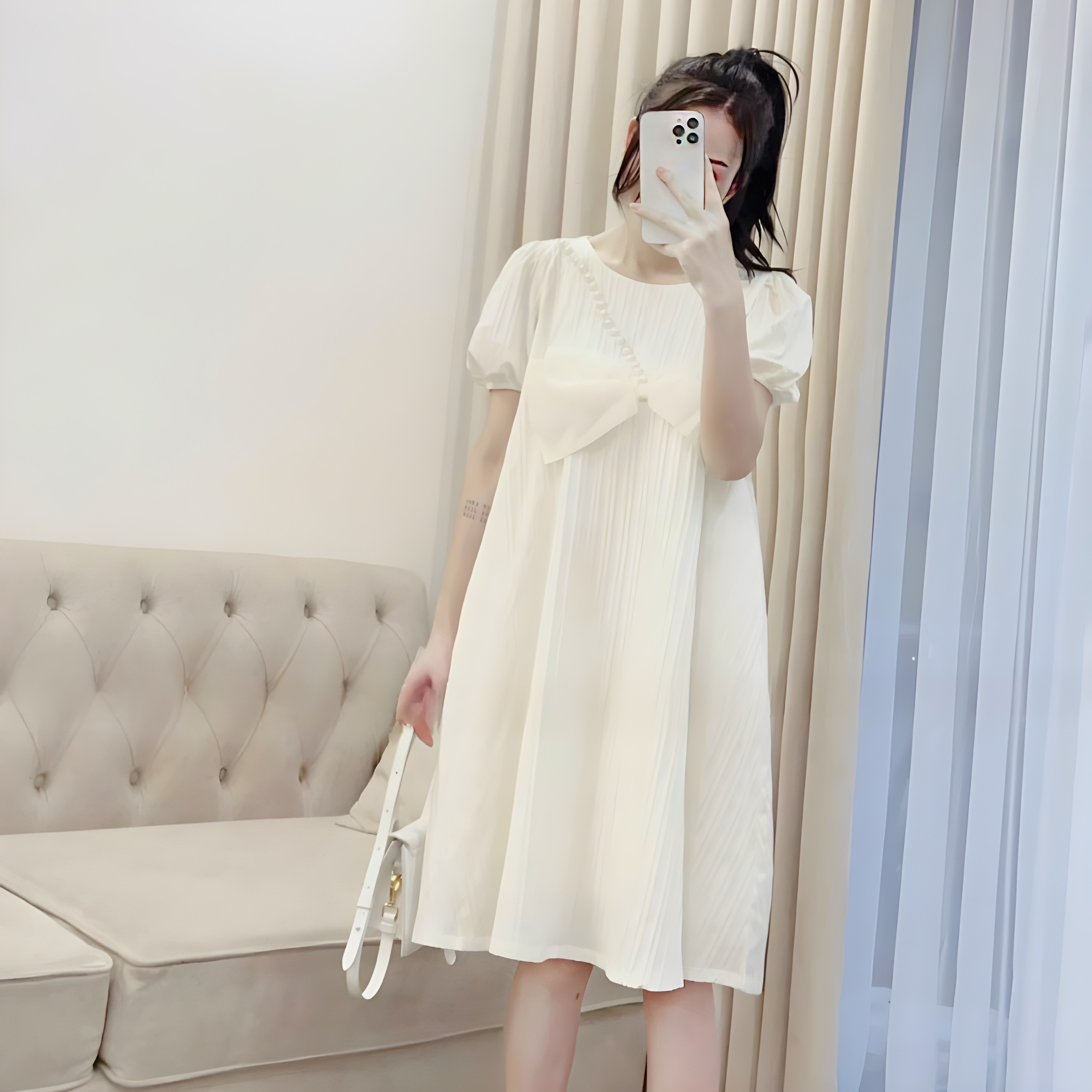 Váy bầu tơ đính nơ ngọc v085