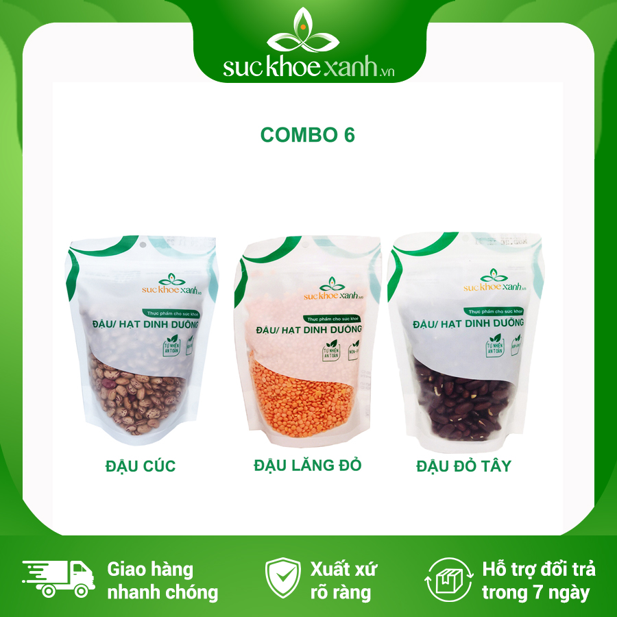 Combo 6 - Đậu lăng đỏ nguyên hạt & Đậu cúc & Đậu đỏ tây - 250g/túi