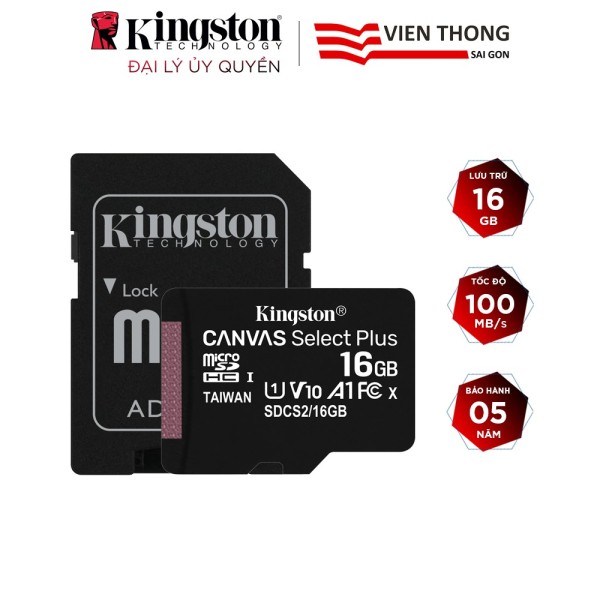 Thẻ nhớ micro SDHC Kingston 16GB Canvas Select Plus upto 100MB/s + Adapter - Hãng phân phối chính thức