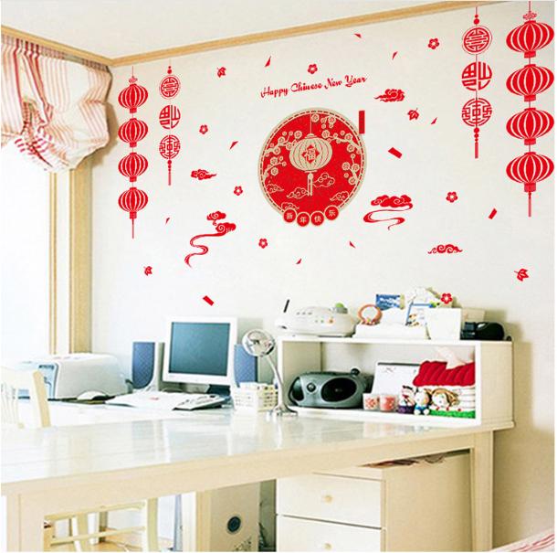 decal dán tường chúc mừng năm mới lồng đèn 2 bên