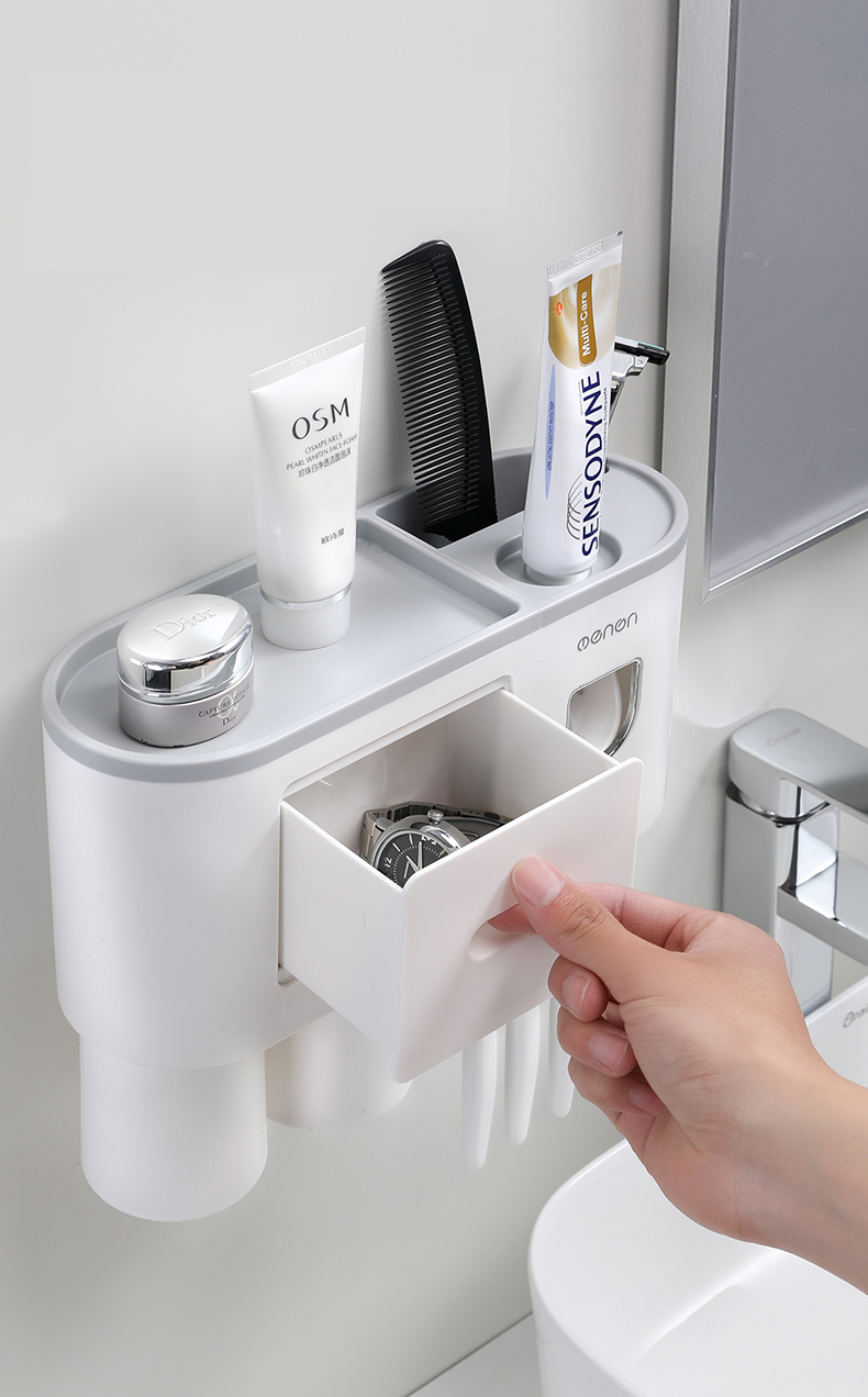 Kệ Để Bàn Chải Đánh Răng, Bộ Nhả Kem Đánh Răng Tự Động Kèm Cốc Thông Minh Dán Tường