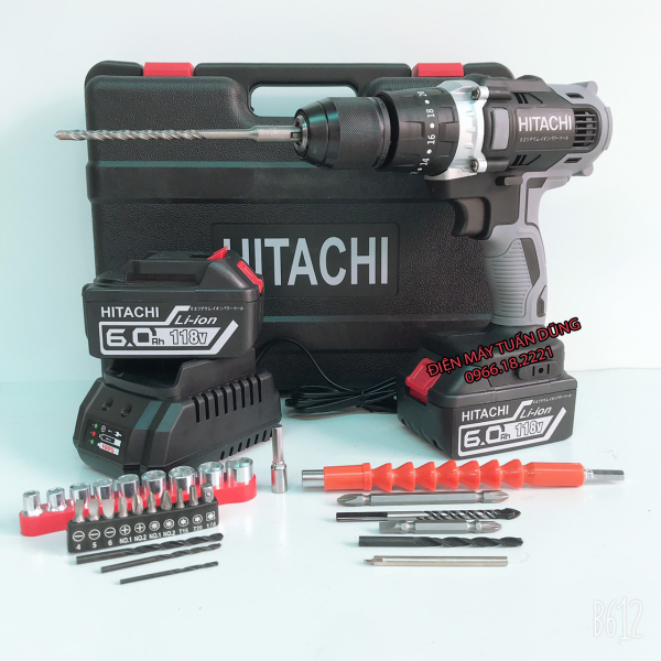 Máy khoan pin Hitachi 118v, 2 PIN, Đầu Autolock, Động cơ 775, 3 chức năng TẶNG 30 CHI TIẾT