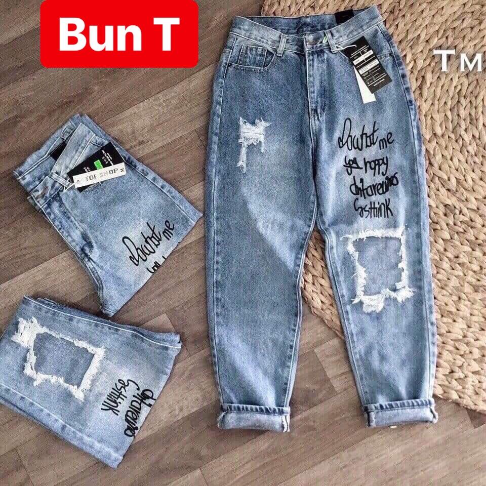 QUẦN BAGGY JEAN NỮ CHẤT BÒ XANH RÁCH IN CHỮ HÀN QUỐC LƯNG CAO NÂNG MÔNG T&T-882 - TRANG BUN FASHION