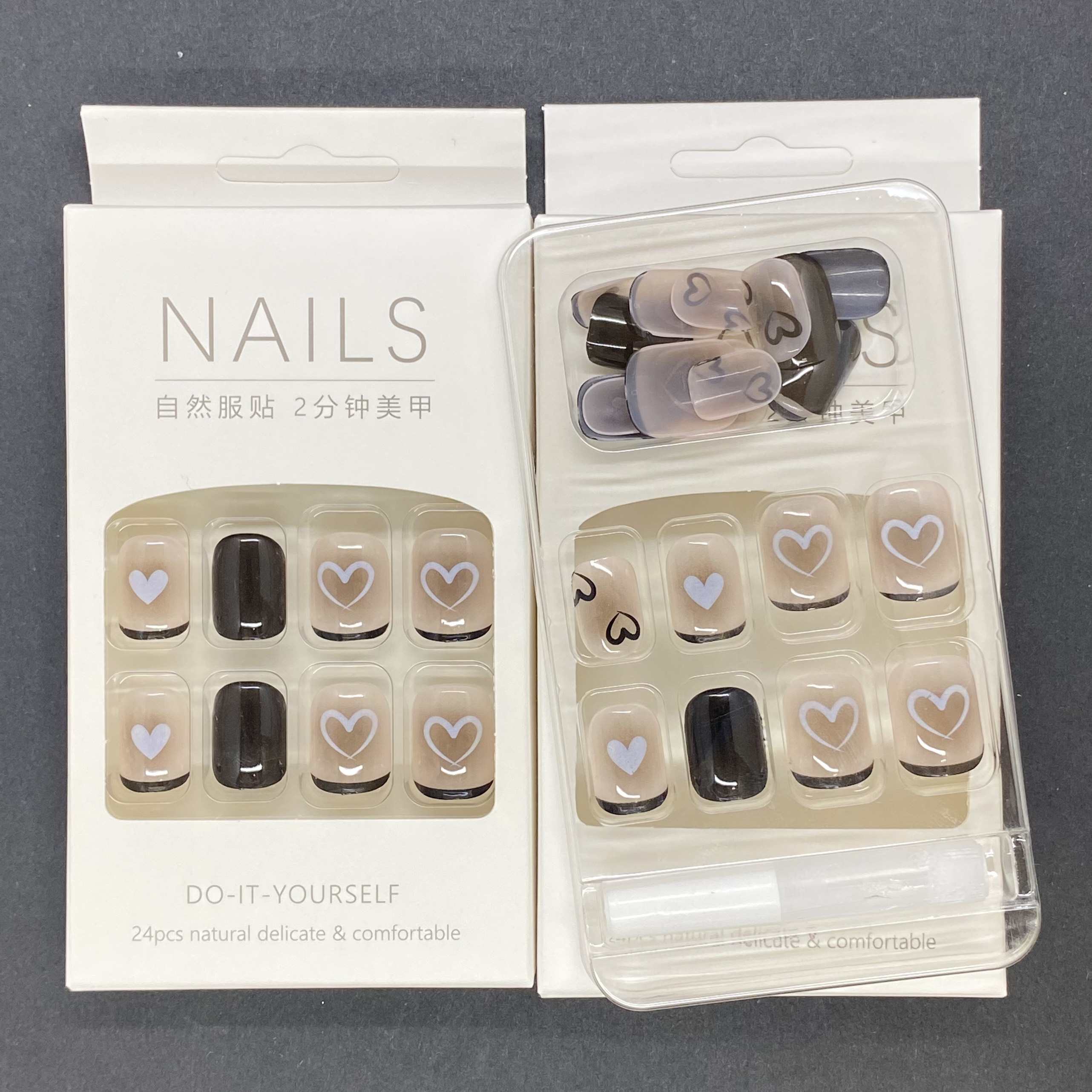 Bộ 24 móng tay giả nailbox đen họa tiết tim 💖💖 SẴN KEO DÁN 💖💖