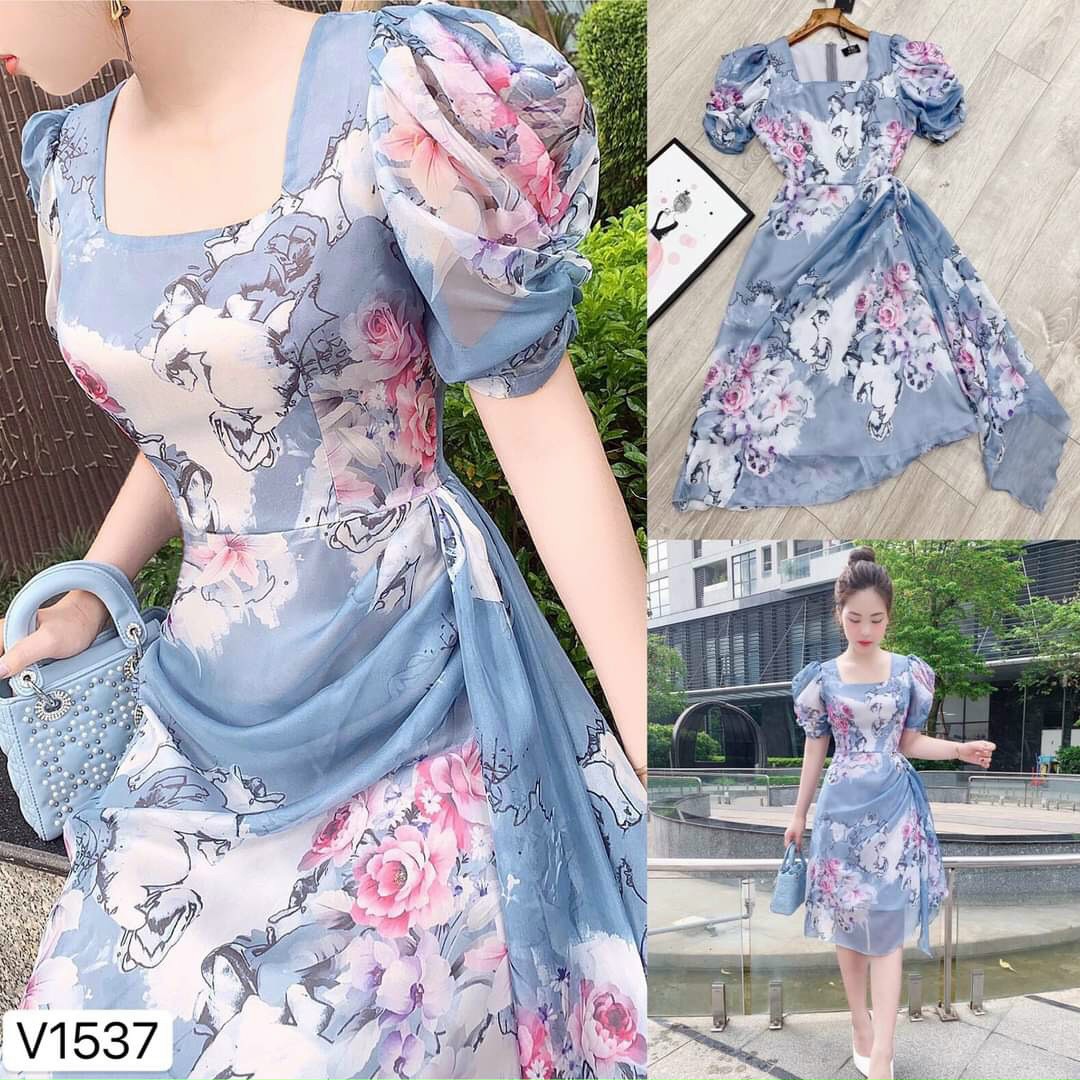 Đầm xòe lụa hoa cổ vuông tay ngắn thanh lịch