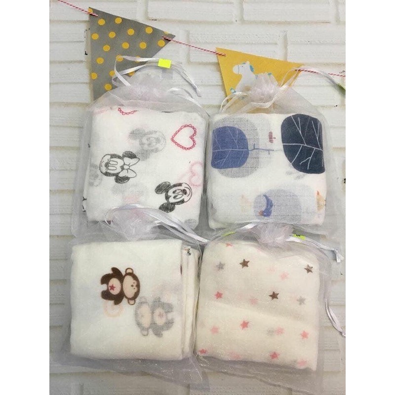 [HCM]10 Khăn sữa nhật túi in hình (100% sợi tre)