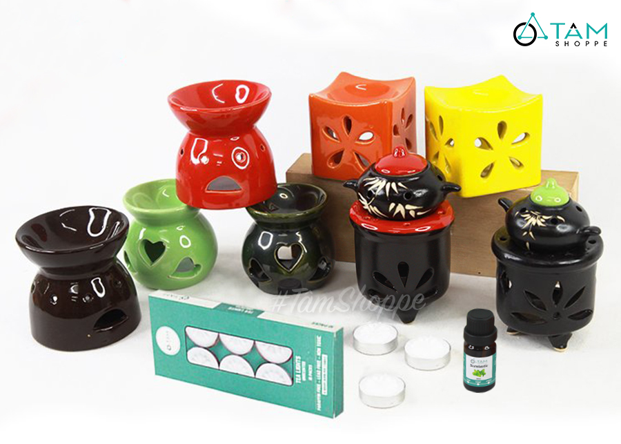 Combo: 01 đèn đốt nến + 01 vỉ nến 10 viên 4h + 01 tinh dầu 10ml ddtd-combo-01