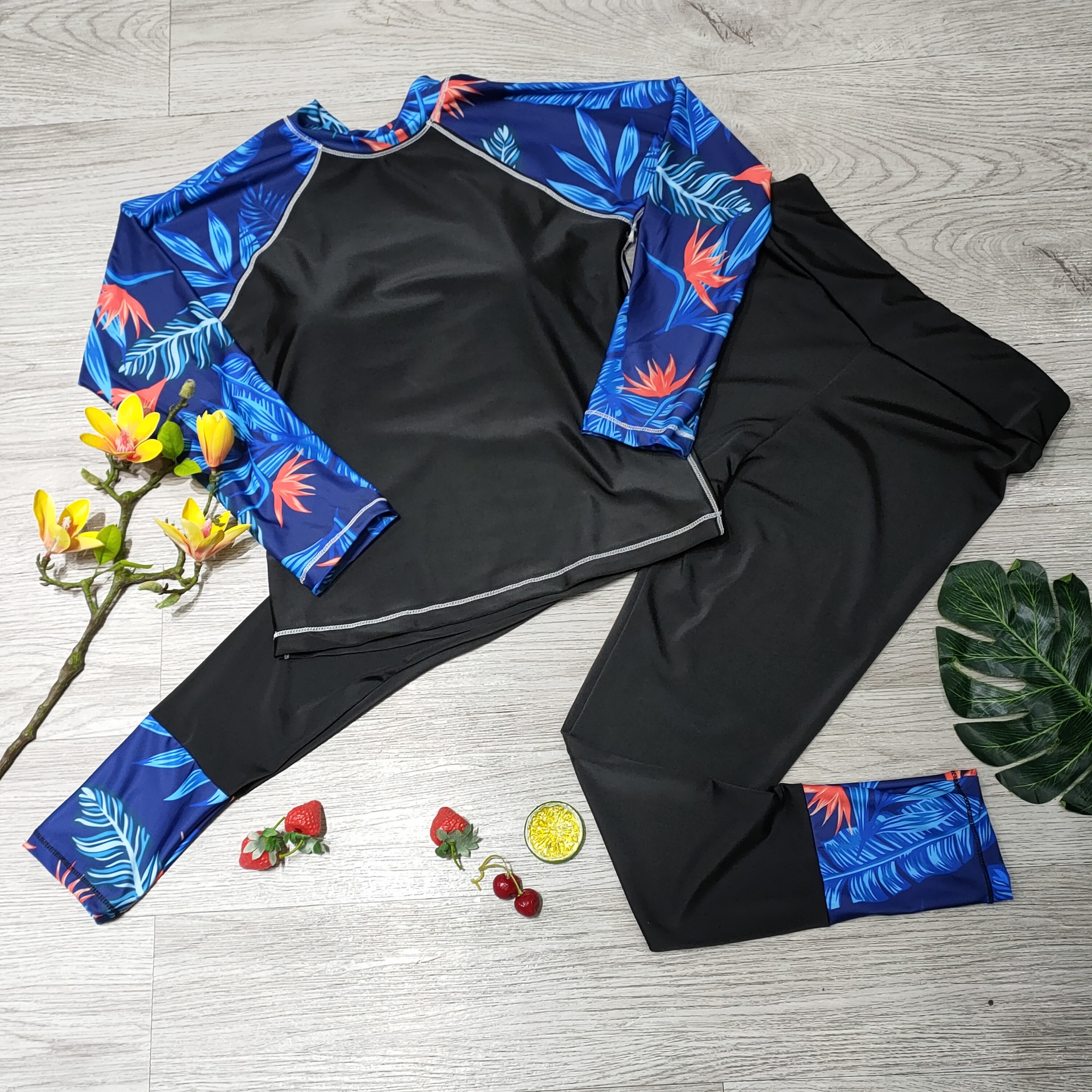 Bikini đồ bơi nữ đi biển 2 mảnh áo thun phủ bụng dài tay kèm mút mỏng quần dài phối màu chất liệu thun lạnh BINSPORTS BHV229