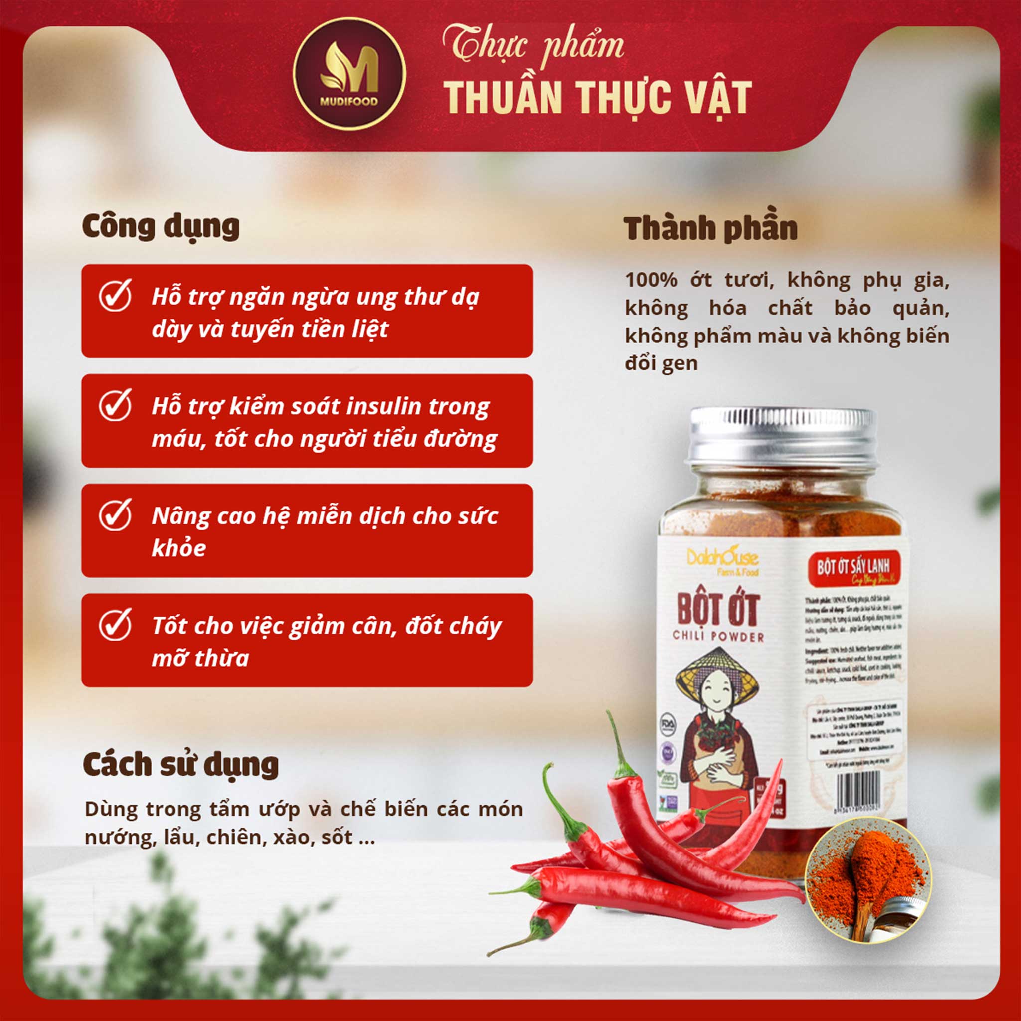 Bột Ớt Hữu Cơ Nguyên Chất Sấy Lạnh Dalahouse