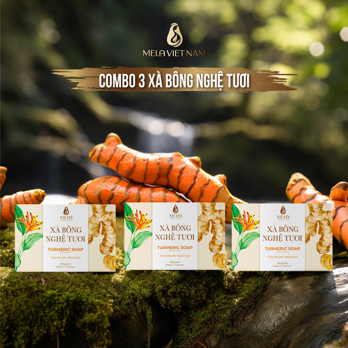 Combo 3 Xà Bông Nghệ MELA Thiên Nhiên Làm Sạch Sáng Mịn Body Tẩy Da Chết 100g - ML26