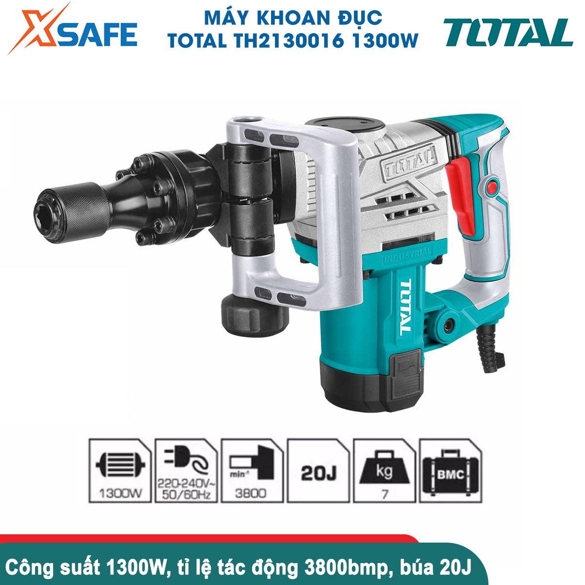 Máy đục bê tông TOTAL TH2130016 | máy khoan đục công suất 1300W, tốc độ đập 3800 bpm, lực đập 20J bắn vít, đục tường, khoan bê tông