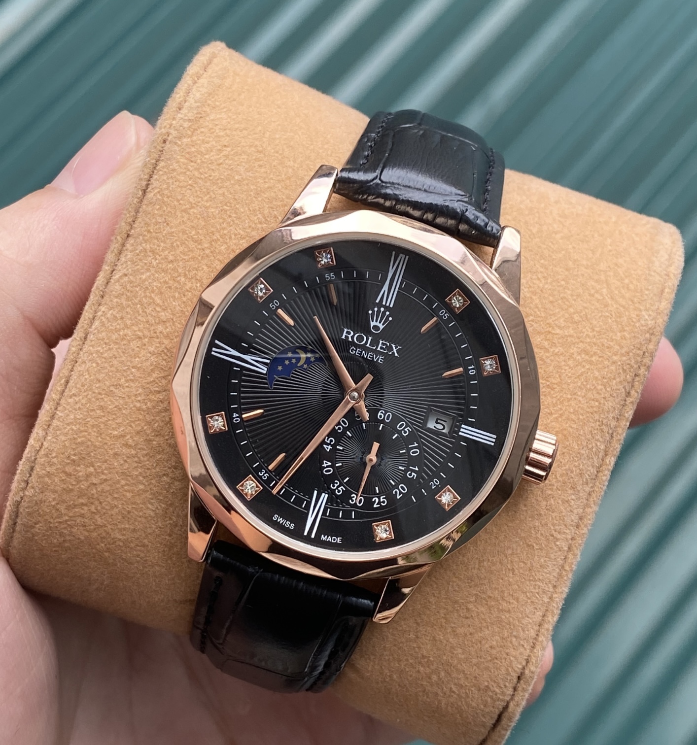 Đồng hồ nam cơ automatic cọc giờ bọc đá dây da sang trọng
