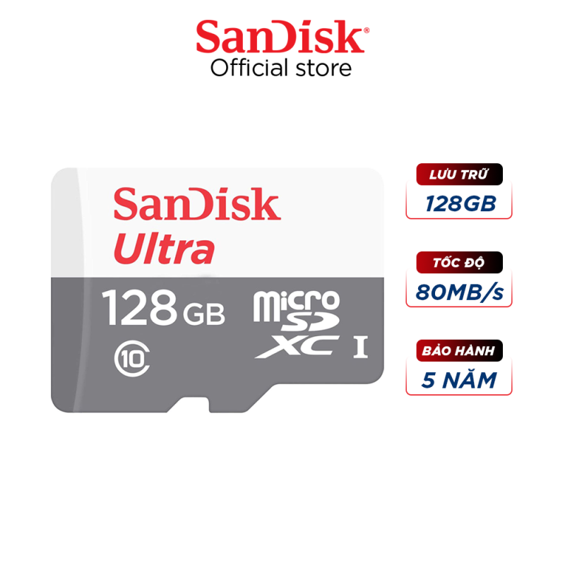 Thẻ nhớ micro SDXC Sandisk 128GB upto 100MB/s 533X Ultra UHS-I - hãng phân phối chính hãng, sản phẩm được bảo hành 60 tháng bằng tem dán trực tiếp trên thẻ