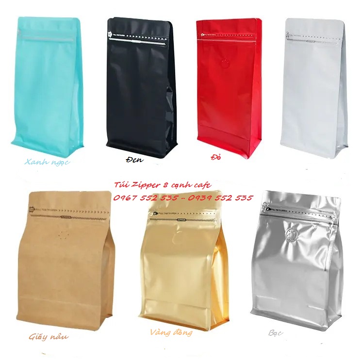 {500gr/size} TÚI ZIP ĐÁY ĐỨNG 8 CẠNH ĐỰNG CAFE (MÀU ĐỎ - ĐEN - TRẮNG, GIẤY KRAFT, BẠC, ĐỒNG)