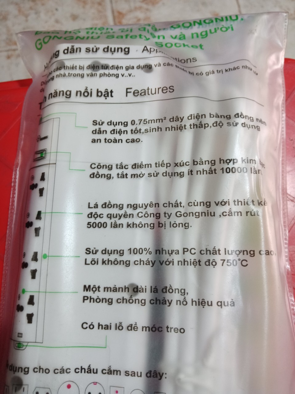 [HCM]Ổ cắm điện chống sét Gongniu 3m (4 ổ 3 1 công tắc)