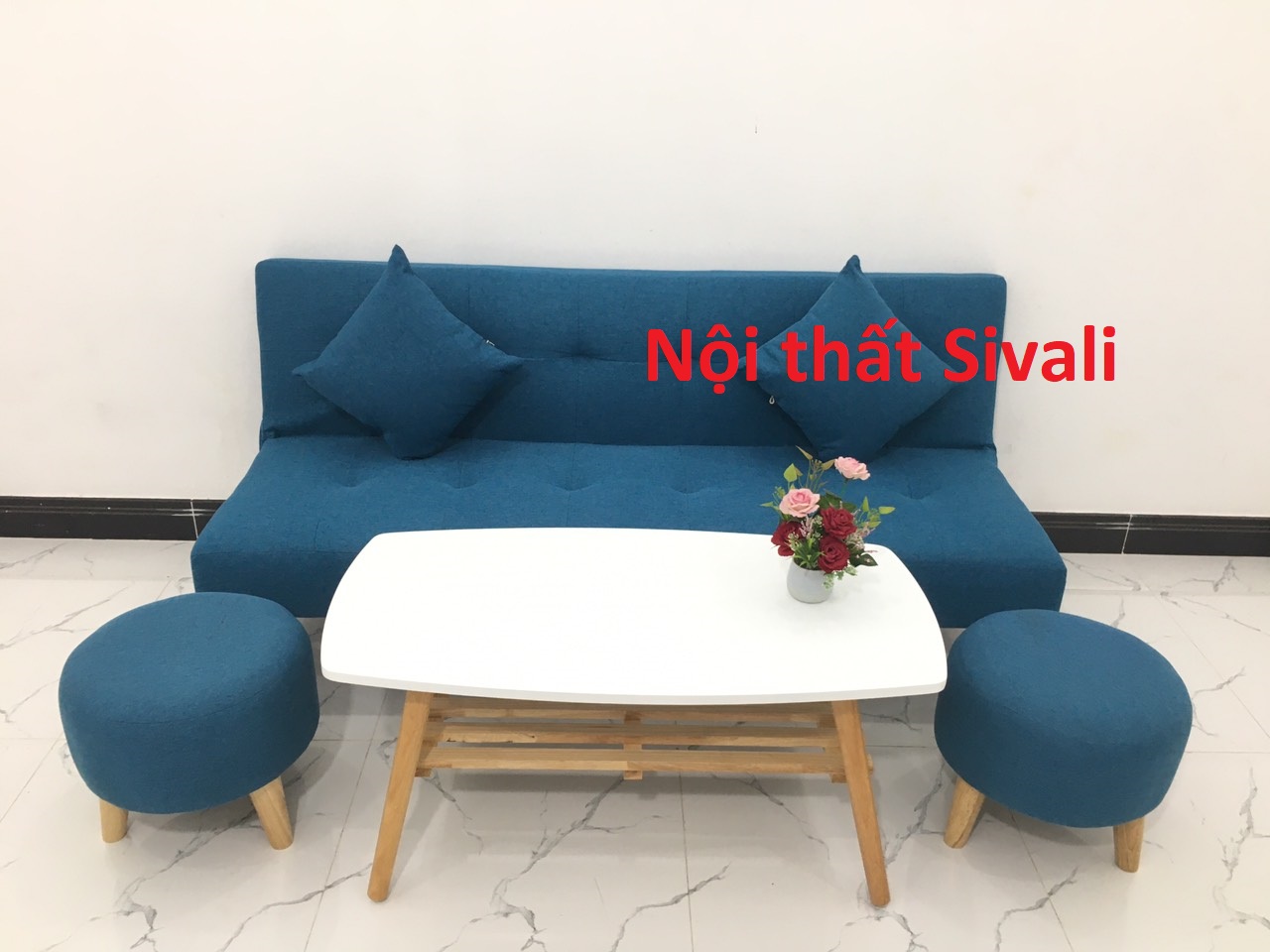 [HCM]Bộ bàn ghế sofa giường giá rẻ ghế salon sofa bed phòng khách màu xanh dương da trời mini nhỏ gọn vải bố Nội thất Sivali HCM Hồ Chí Minh Sài Gòn SG Tphcm