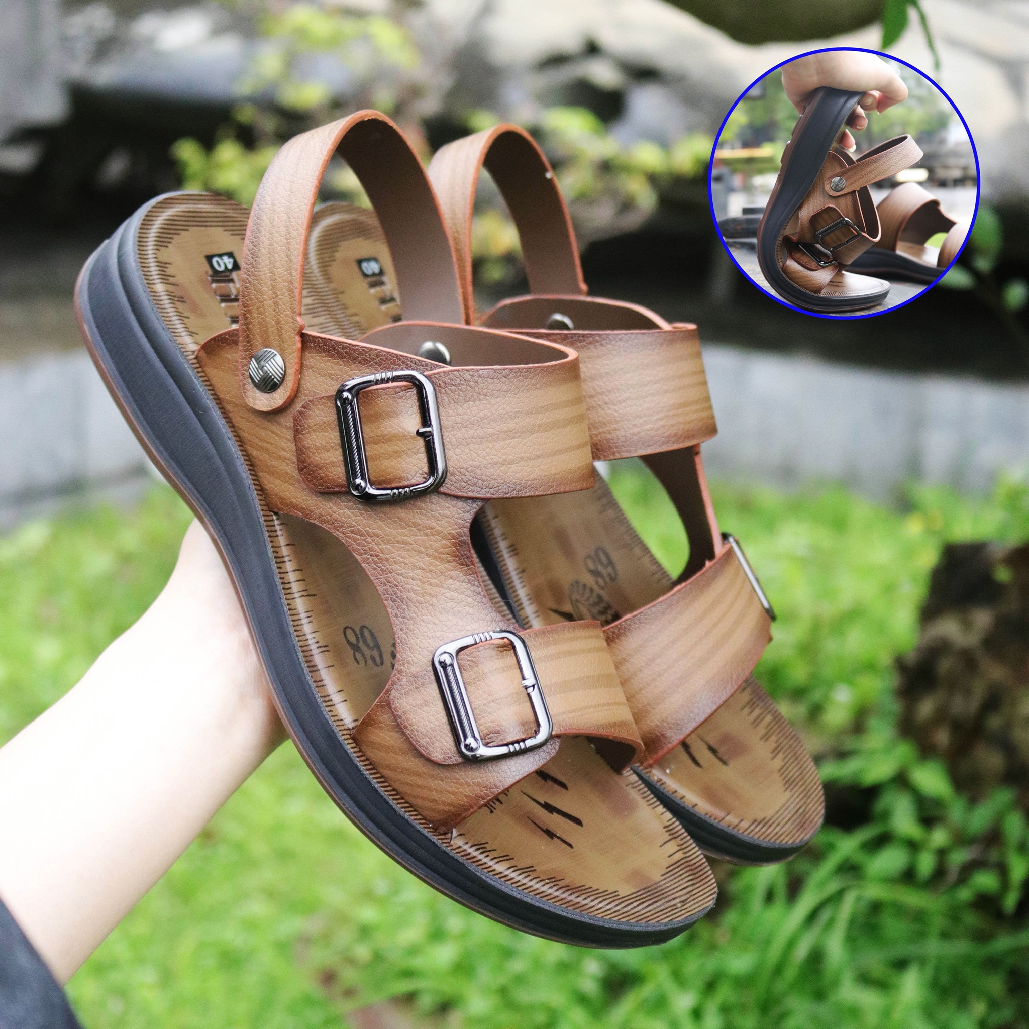 Dép da nam Q-10 dép tăng chiều cao 4cm khoá hông Xăng đan Sandal nam da bò xịn quai ngang quai hậu cao cấp xuất khẩu thời trang đẹp giá rẻ màu nâu vàng
