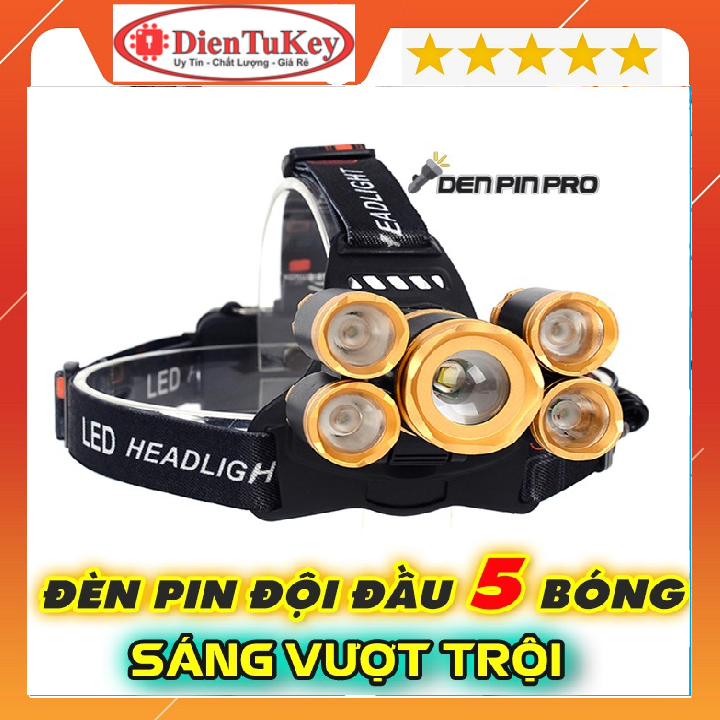 Đèn pin đội đầu 5 bóng vàng chống nước siêu sáng kèm pin và bộ sạc