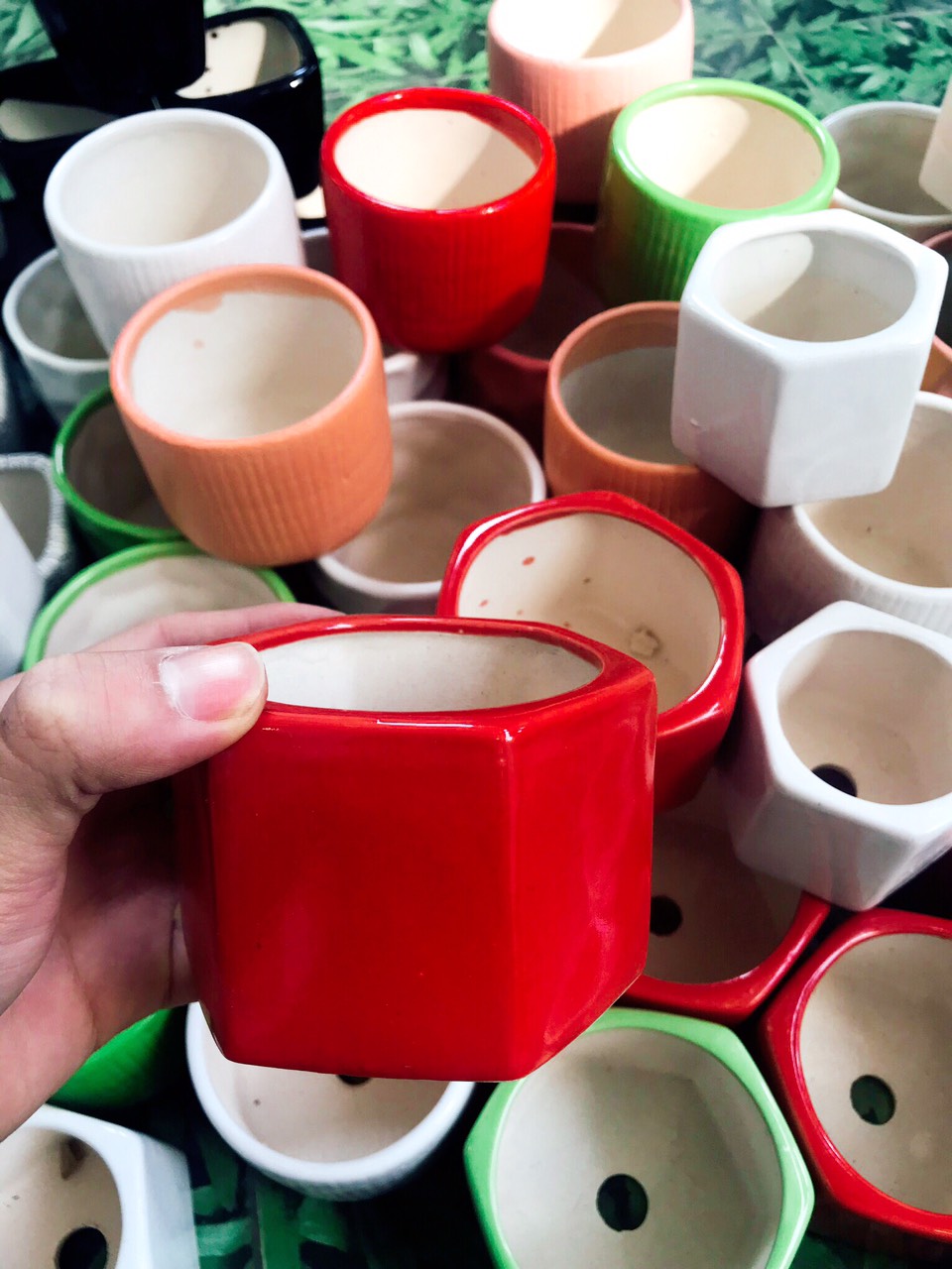 Chậu gốm sứ Bát Tràng trồng cây cảnh để bàn , sen đá , xương rồng hình lục giác