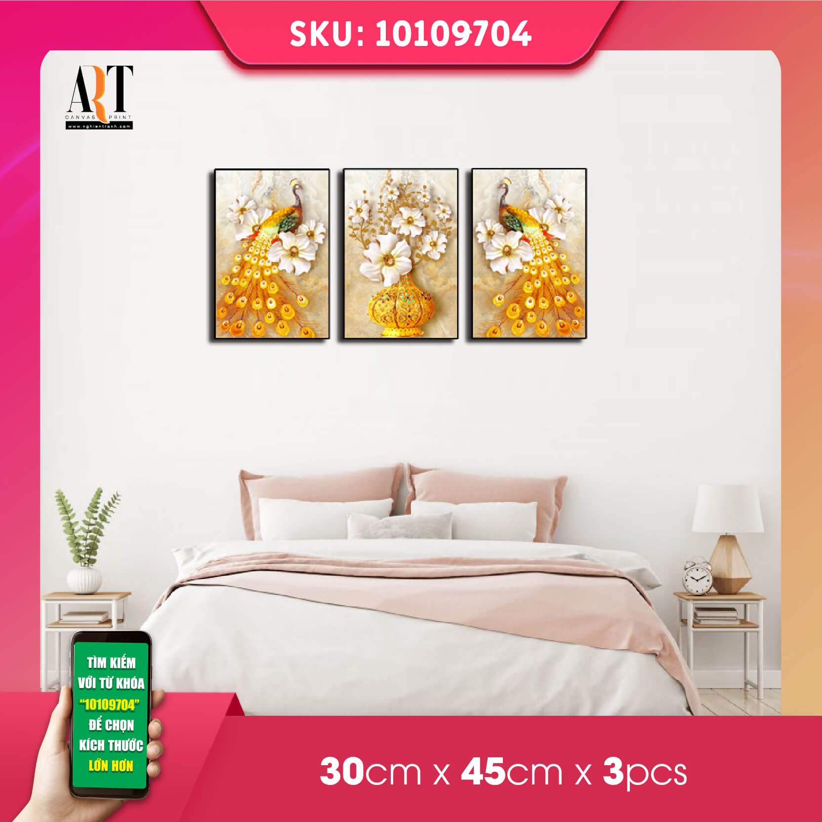 Tranh treo tường hoa công vàng in trên canvas có khung, trang trí phòng khách, phòng ngủ (#10109704)