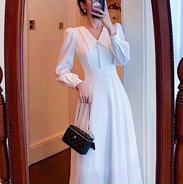 Đầm cổ vest nút bọc 2 màu