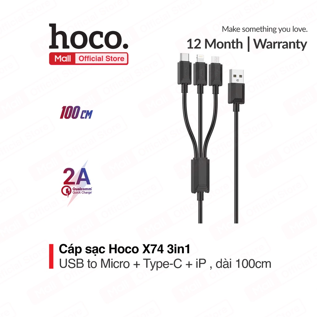 Cáp Sạc Hoco X74 3in1 (IP, Type C, micro) dây dù