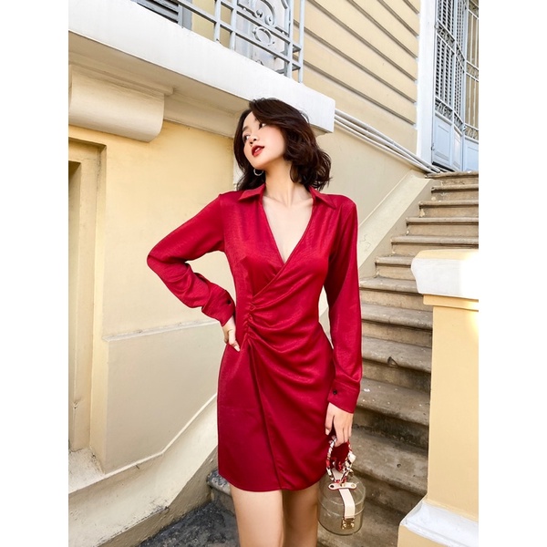 Đầm lụa đắp tà nhún MIEU (Đỏ/Đen) - HD26