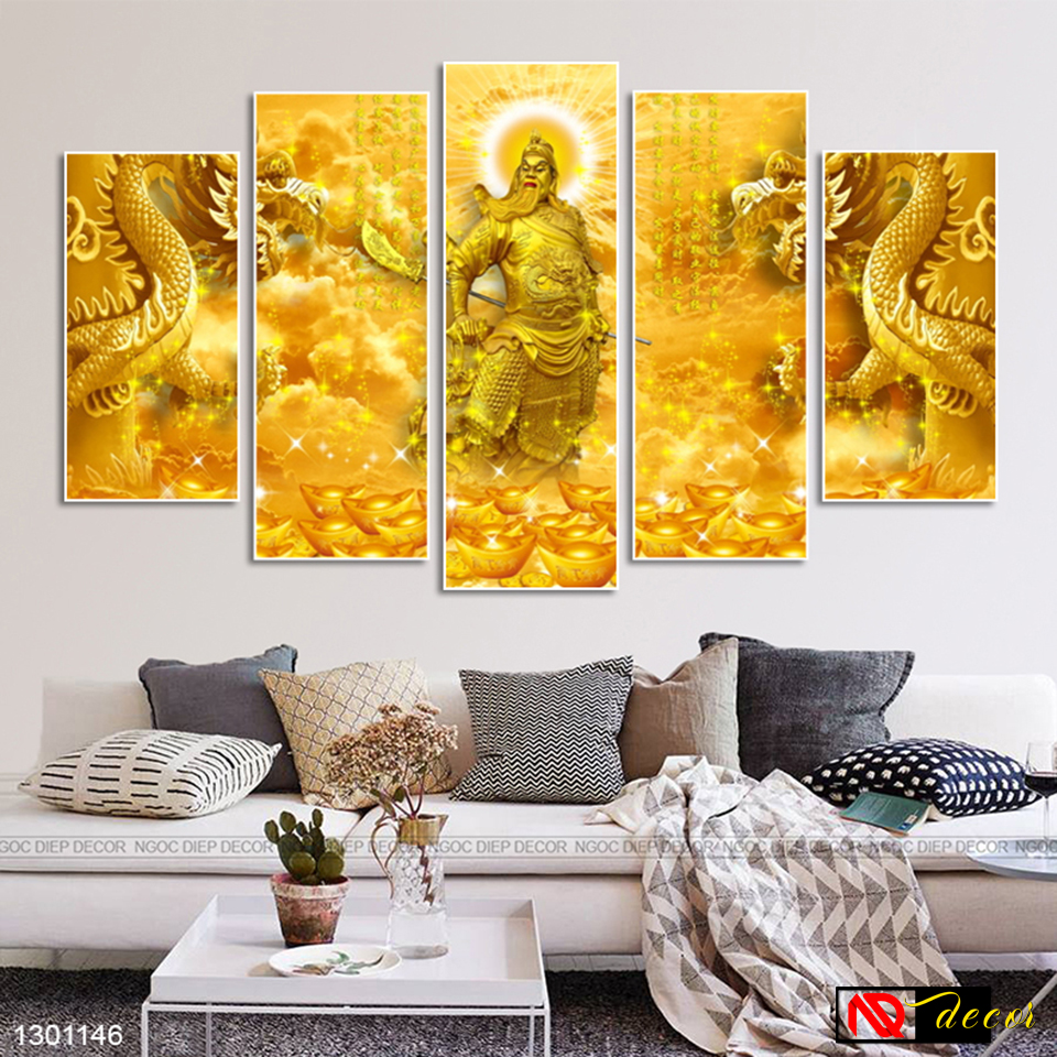 Bộ 5 tấm tranh dán tường phòng khách Quan Công Tài Lộc, tranh phong thủy in sắc nét rực rỡ