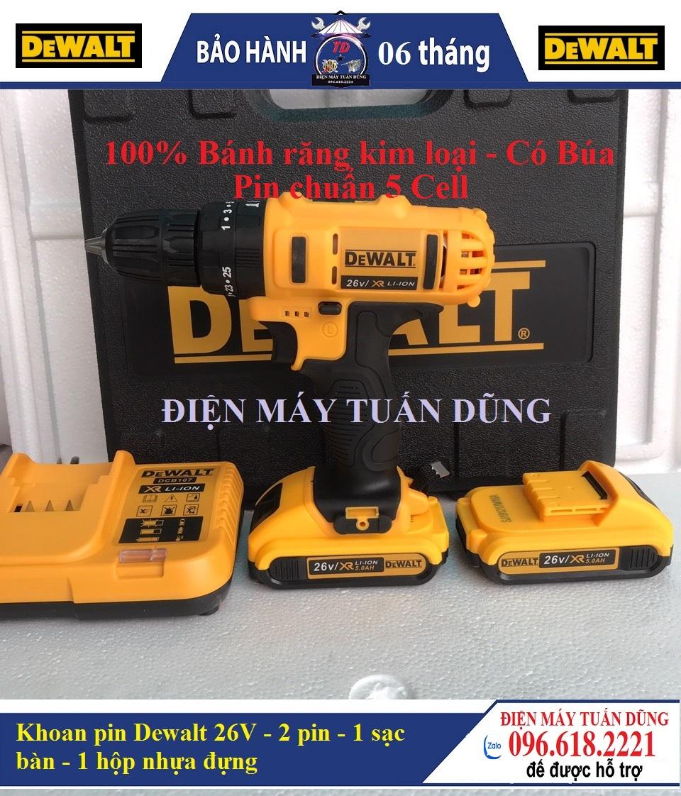 Máy khoan pin Dewalt 26V có BÚA - 100% bánh răng kim loại - Pin chuẩn 5 Cell