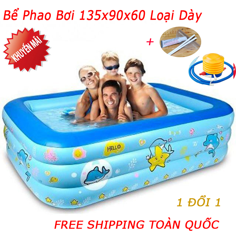 [HCM][Tặng Bơm Chân] Bể bơi cho bé trong nhà 3 tầng 1M35 hình chữ nhật 135X90X55 C bồn tắm hơi cho bé  bồn tắm trẻ em bơm hơi + Tặng kèm keo miếng vá
