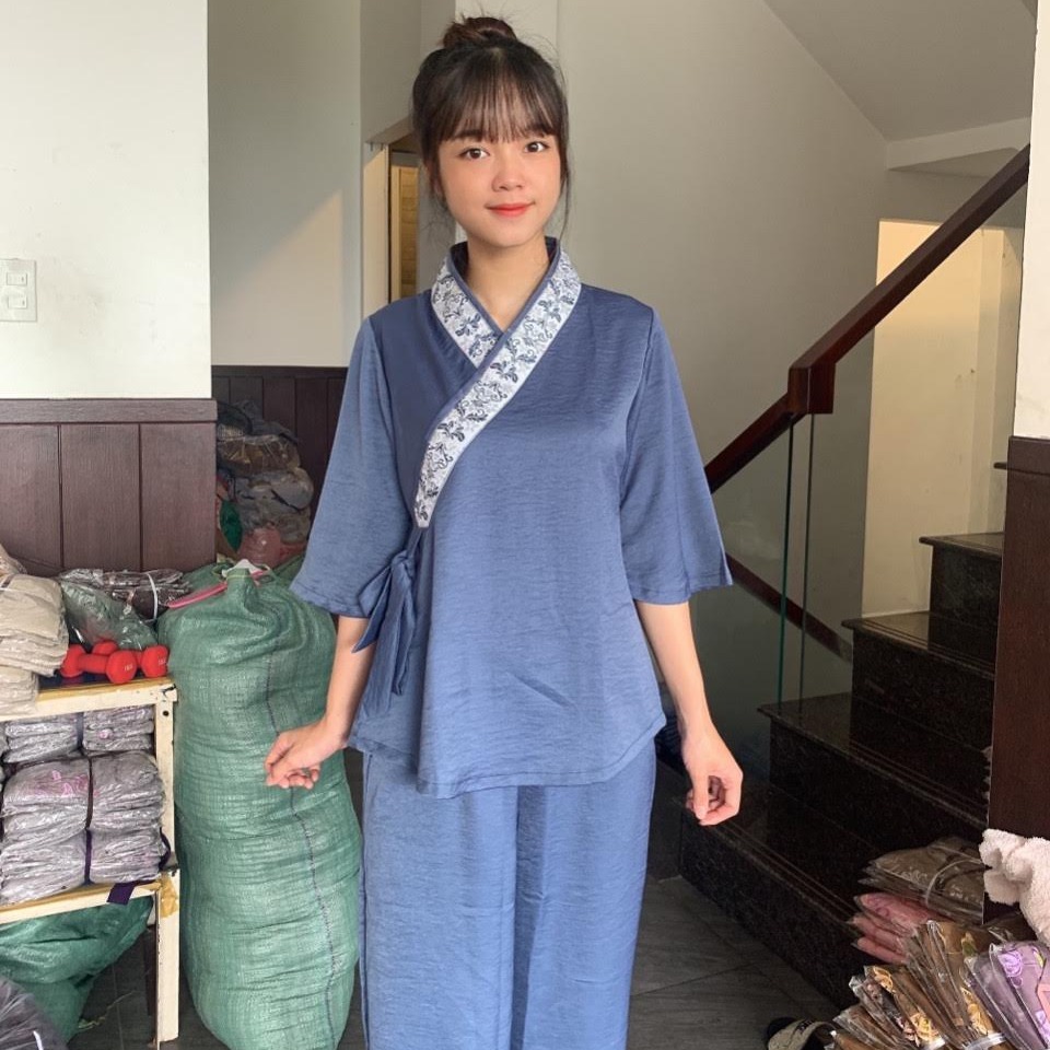 [HCM]Đồ lam đi chùa nữ đồ phật tử áo lam mẫu xéo nơ vải lụa